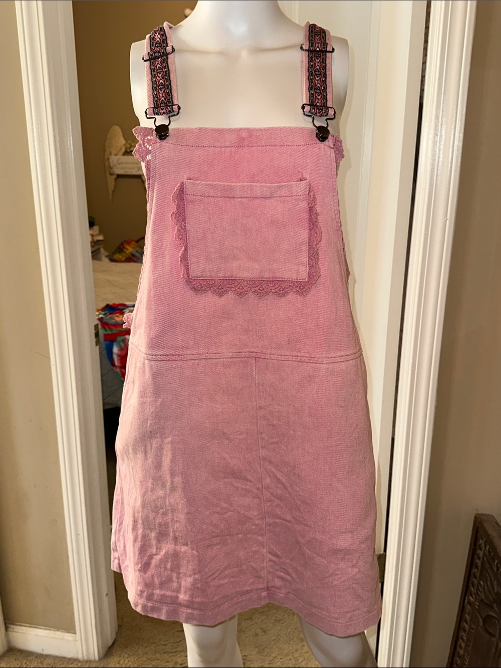 Pink Lace-Trim Pinafore Mini Dress with Patterned Adjustable Straps